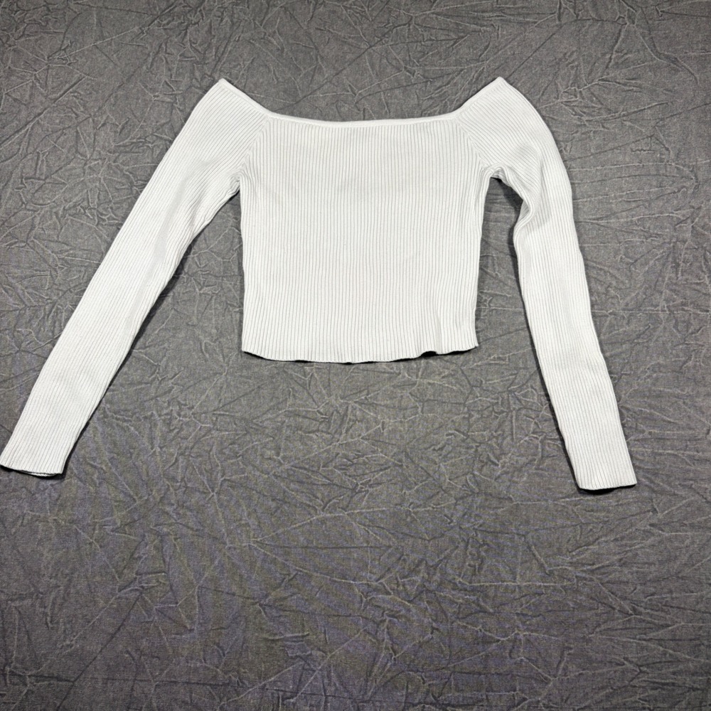 Hollister Top Womens Large White Off The Shoulder Ribbed Knit Long Sleeve Crop